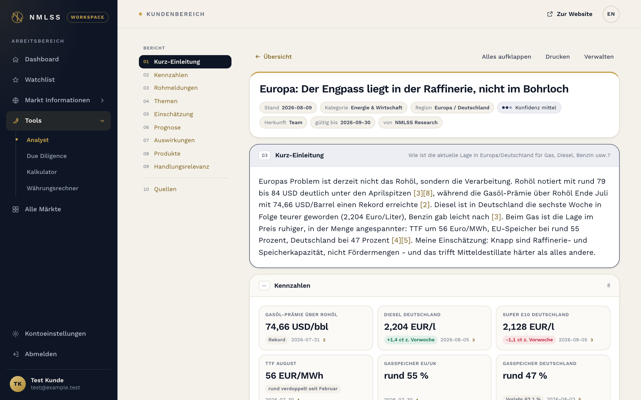Analyse-Bericht im Workspace