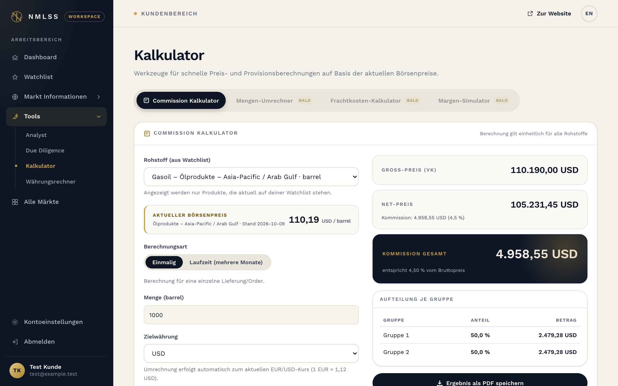 Kalkulator im Workspace